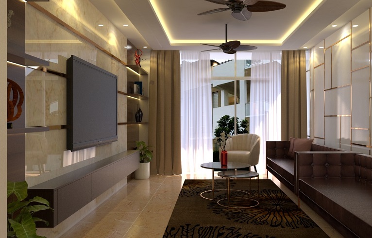 Living room with TV wall and lounge seating