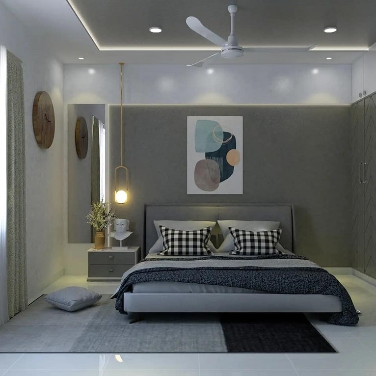 Grey-toned bedroom with pendant light