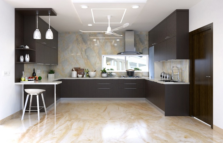 Modern kitchen with marble backsplash
