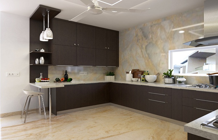 L-shaped modular kitchen with marble backsplash