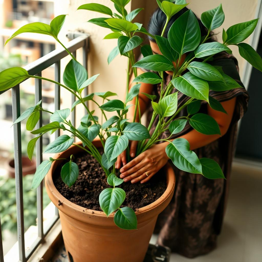 Repotting a balcony statement plant